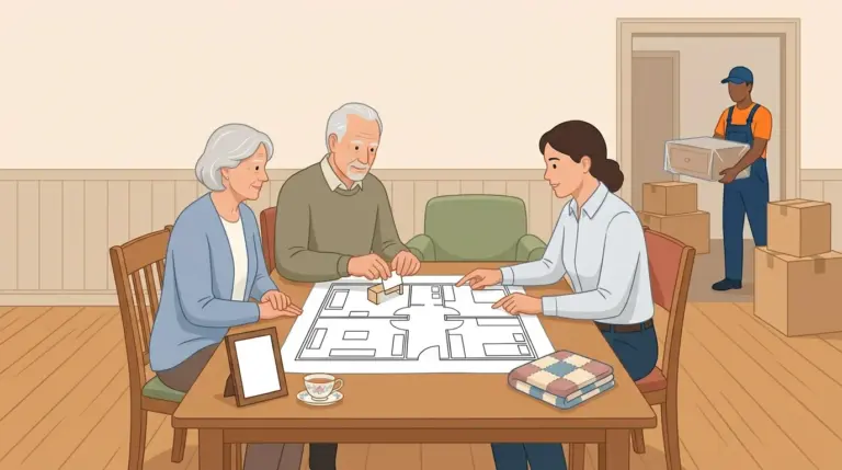 An older couple planning a smaller home with a specialist, fitting paper furniture cut-outs onto a floor plan