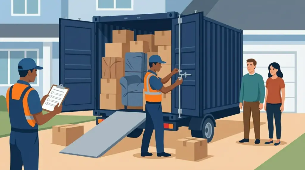 A household packed to the roof of a sea container on the driveway, the security seal being fitted to the locking bar