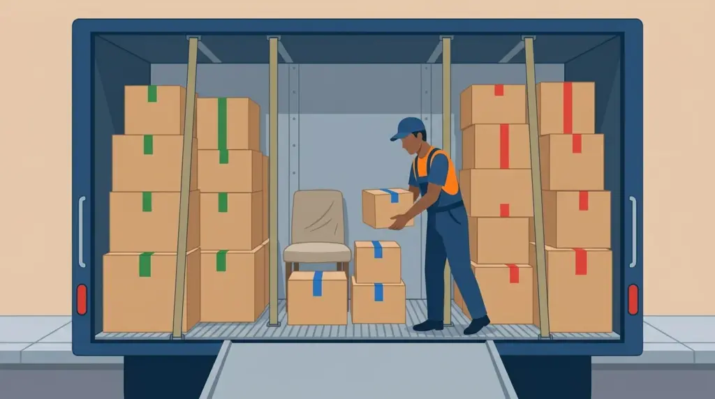 Three households' loads divided by webbing partitions in one truck, each marked with its own colour of tape