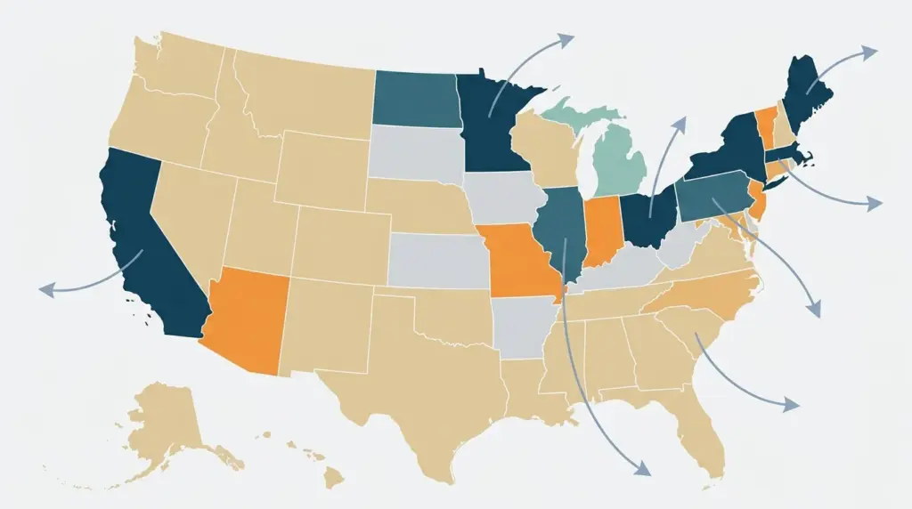 A map of the states losing people, each with a thin arrow trailing outward off the frame