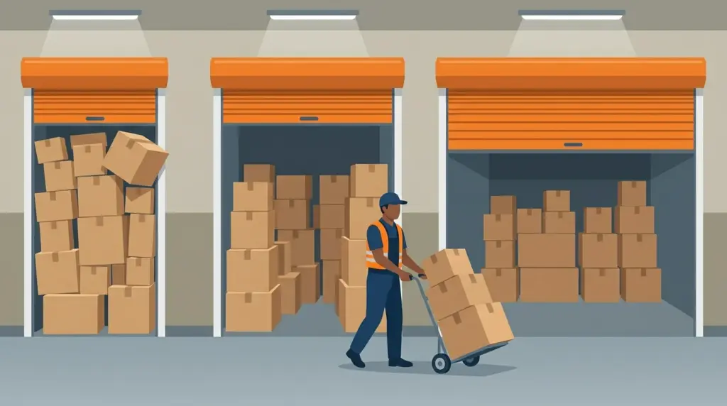 Three storage units of visibly different sizes side by side, the smallest crammed full and the largest half empty