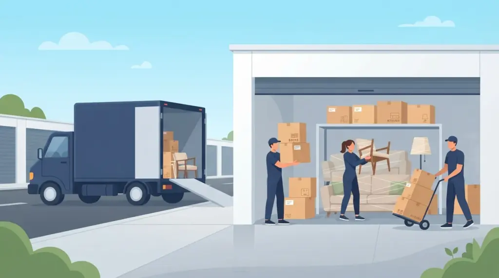 Illustration comparing storage unit sizes and what fits in 5x5, 10x10 and 10x20 units