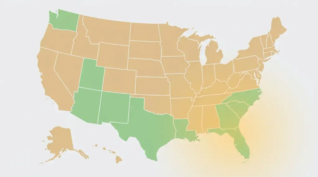 Tax-friendly states across the south and south-west, warmed by a low sun from the bottom right