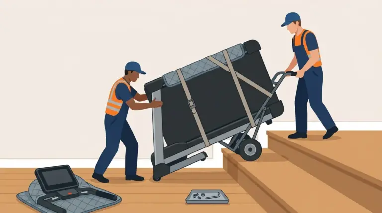 A treadmill folded, wrapped and strapped to a hand truck being eased down stairs, its console detached and wrapped separately