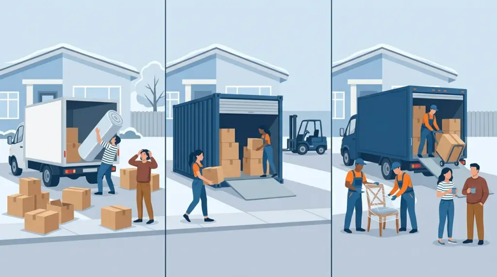 A self-driven rental, a self-loaded container and a full crew, side by side on identical driveways