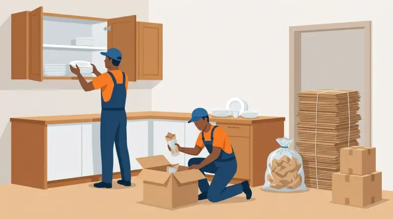 Unpackers placing crockery into cupboards, with flattened boxes tied and packing paper bagged for removal