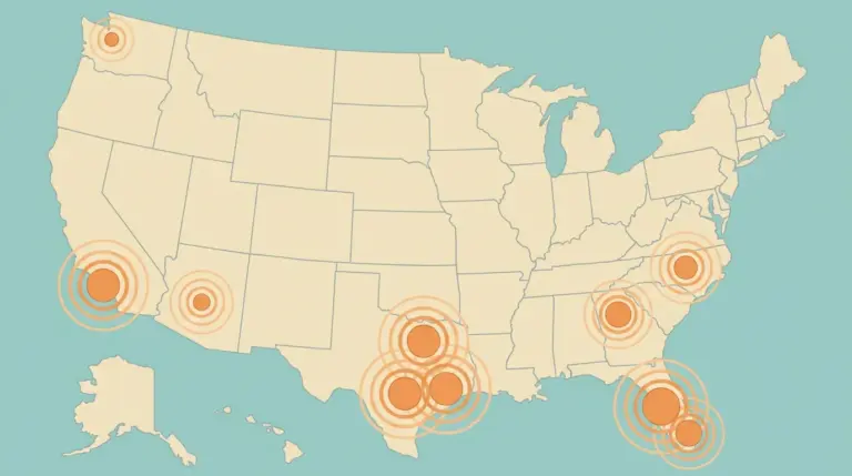 Metro dots with ripple rings spreading outward, concentrated in Texas, Florida and the desert south-west