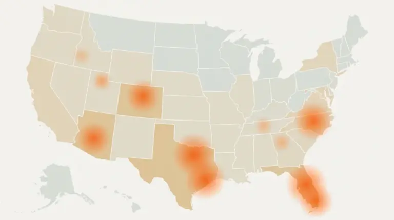 Soft heat blooms over the metros drawing the most arrivals, concentrated in Texas, Florida and the interior west