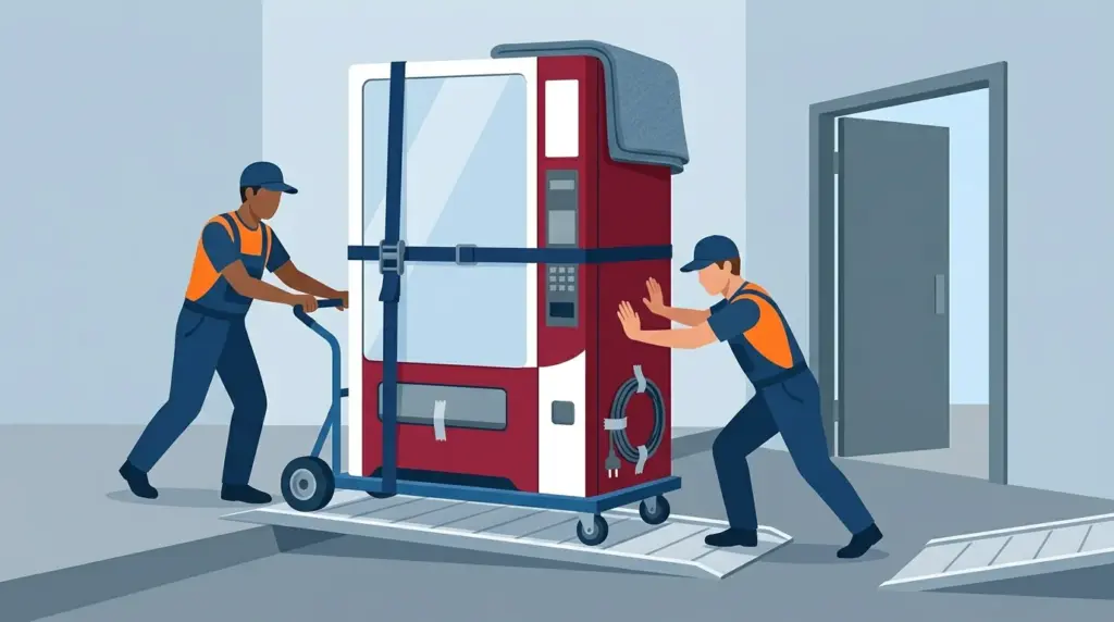 A vending machine strapped to a heavy appliance dolly being eased down a loading ramp by two movers