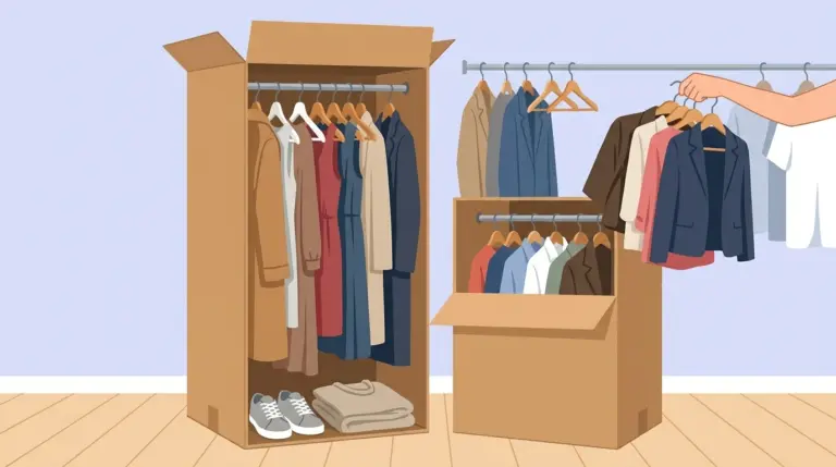 A tall wardrobe box and a shorter one side by side, garments transferred straight from the rail on their hangers and shoes filling the base