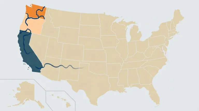 Only the three Pacific states coloured, with flows running north along the coast and one heading inland