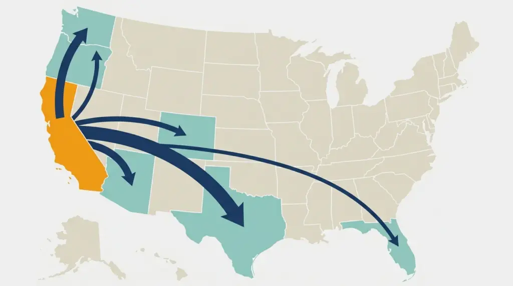 A map showing California's outbound migration as flows to the Pacific Northwest, the mountain west, Texas and Florida