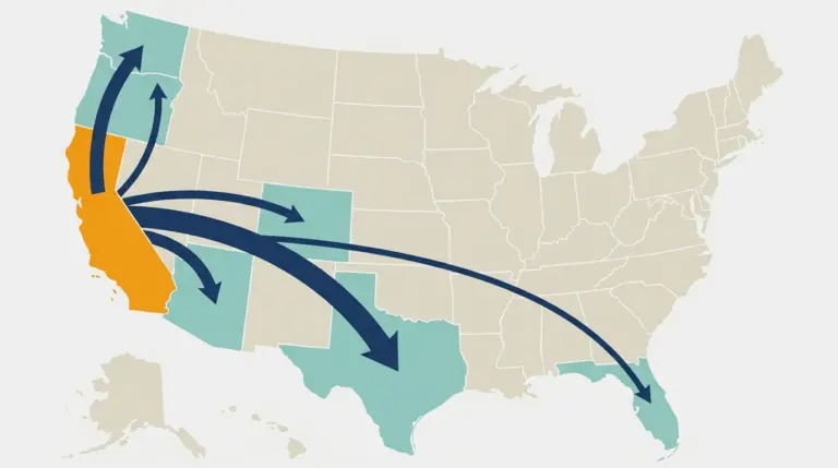 A map showing California's outbound migration as flows to the Pacific Northwest, the mountain west, Texas and Florida