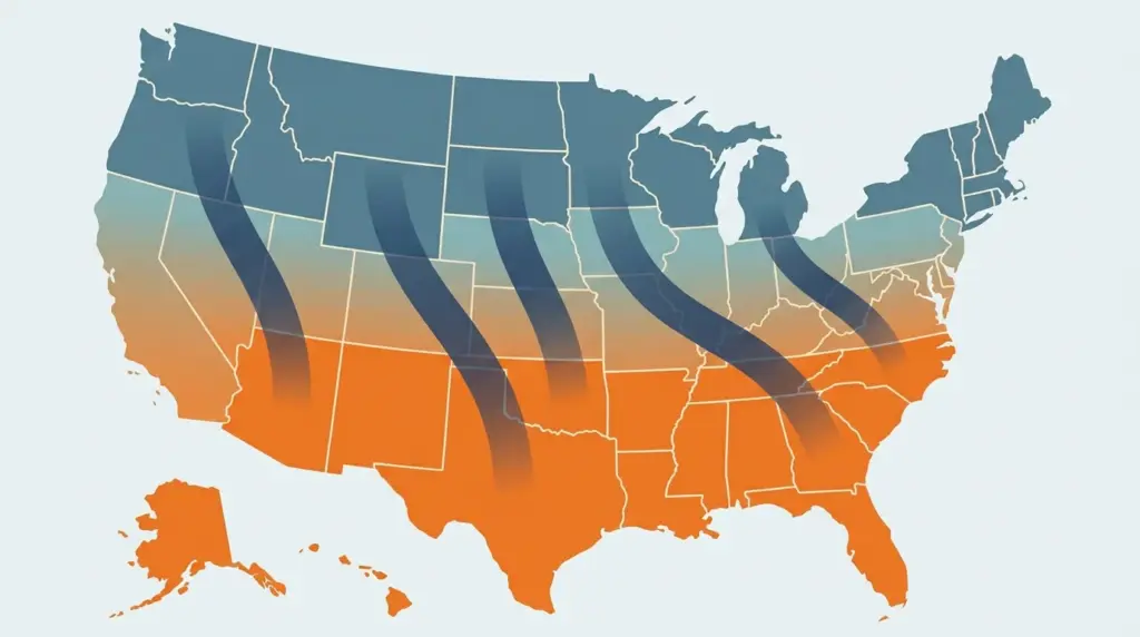Broad ribbons sweeping from the cool northern states down into the warm south, right across the map