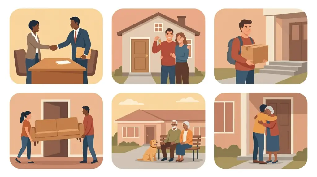 Six small scenes — a job offer, a bigger home, study, moving in together, retirement and family