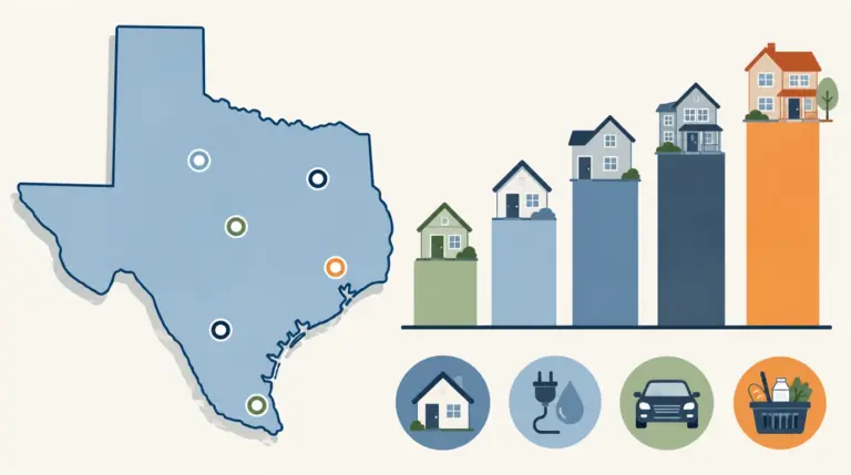 Illustration comparing the cost of living across Texas cities, showing housing, utilities, transport and grocery costs