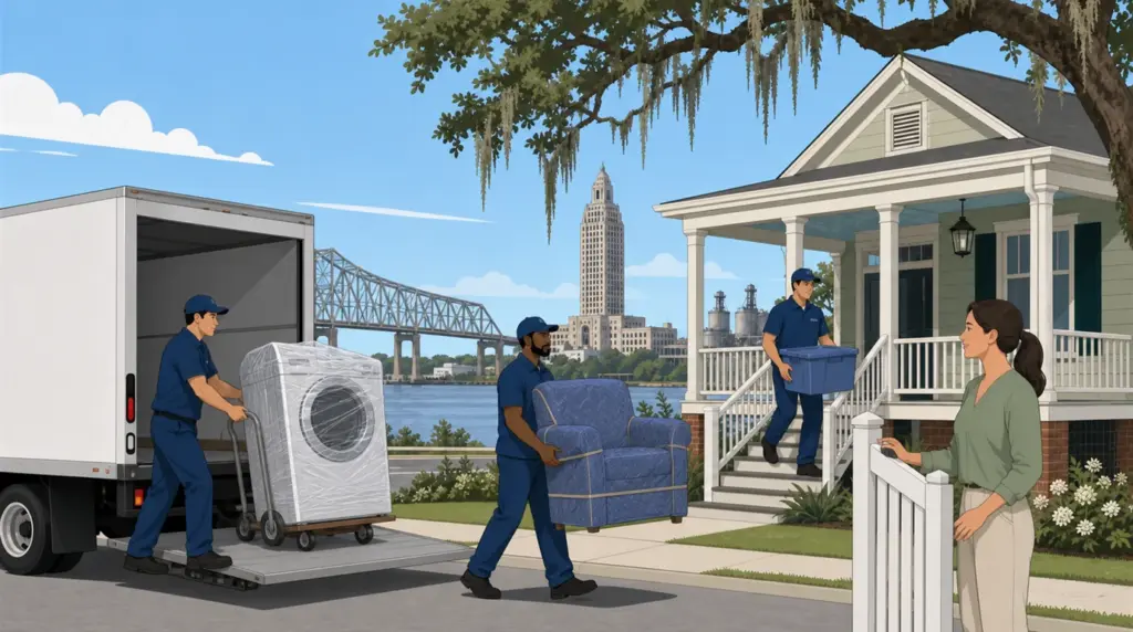 Illustrated guide to moving to Baton Rouge, LA, showing housing, neighbourhoods, costs and arrival