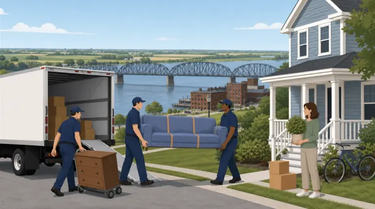 Illustrated guide to moving to Davenport, IA, showing housing, neighbourhoods, costs and arrival