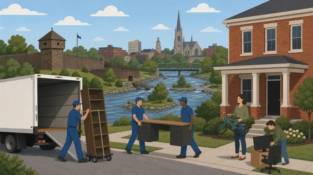 Illustrated guide to moving to Fort Wayne, IN, showing housing, neighbourhoods, costs and arrival