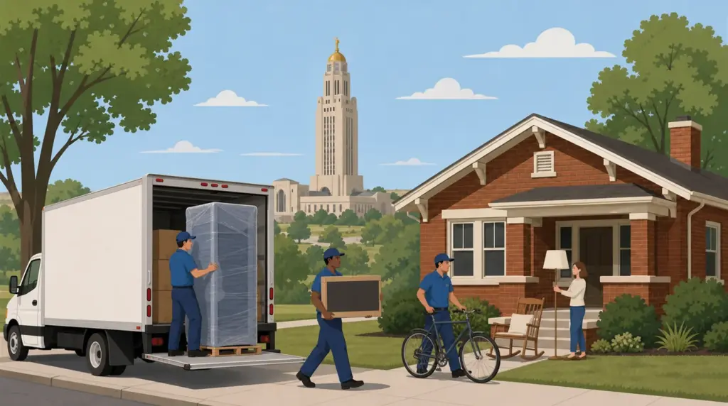 Illustrated guide to moving to Lincoln, NE, showing housing, neighbourhoods, costs and arrival