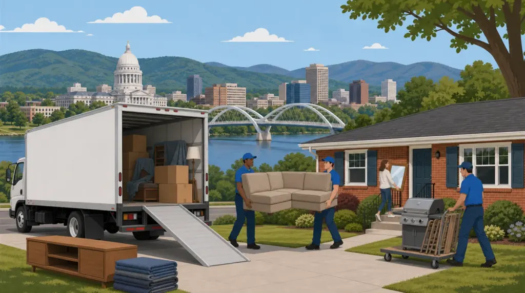 Illustrated guide to moving to Little Rock, AR, showing housing, neighbourhoods, costs and arrival