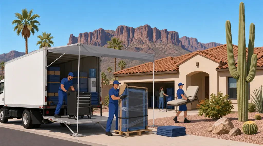 Illustrated guide to moving to Mesa, AZ, showing housing, neighbourhoods, costs and arrival