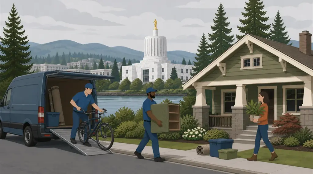 Illustrated guide to moving to Salem, OR, showing housing, neighbourhoods, costs and arrival