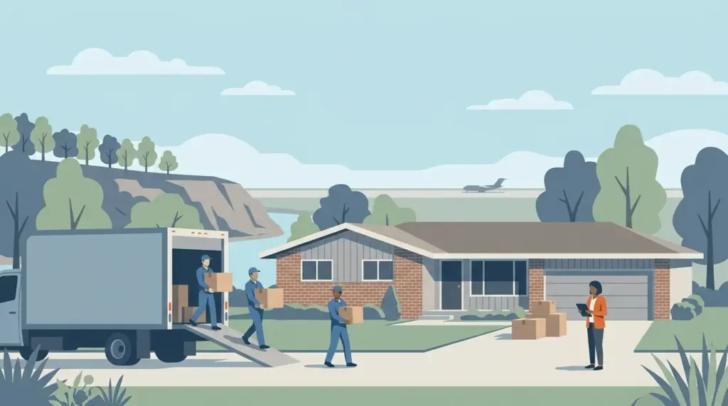 Illustrated guide to moving to Bellevue, NE, showing housing, neighbourhoods, costs and arrival