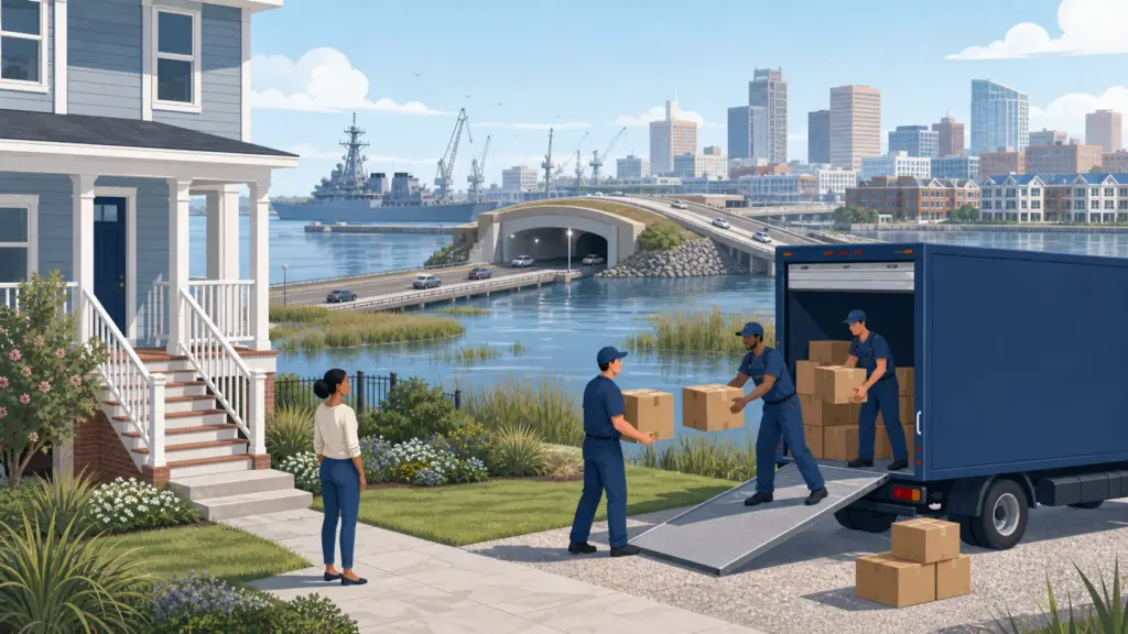 Illustrated guide to moving to Hampton Roads, showing housing, neighbourhoods, costs and arrival