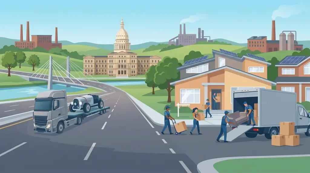 Illustrated guide to moving to Lansing, MI, showing housing, neighbourhoods, costs and arrival