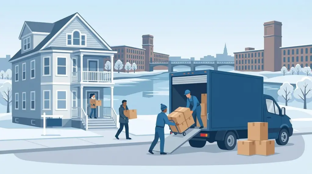 Illustrated guide to moving to Lewiston-Auburn, ME, showing housing, neighbourhoods, costs and arrival