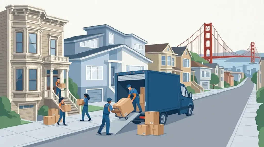 Illustrated guide to moving to the San Francisco Bay Area, showing nine counties, transit and bridges