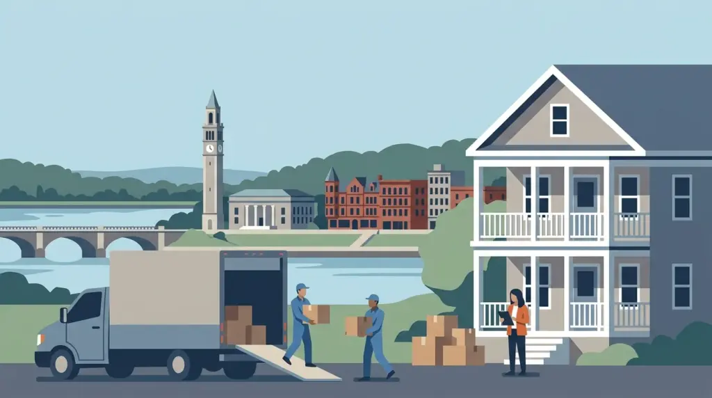 Illustrated guide to moving to Springfield, MA, showing housing, neighbourhoods, costs and arrival