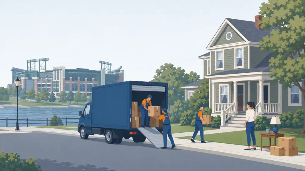 Illustrated guide to moving to Green Bay, WI, showing housing, neighbourhoods, costs and arrival