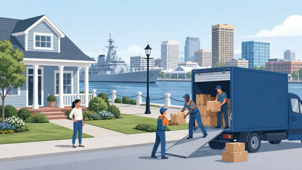 Illustrated guide to moving to Norfolk, VA, showing housing, neighbourhoods, costs and arrival